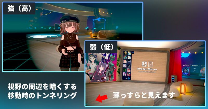 VRChatの移動時に有効なトンネリング設定。視野周辺を暗くしてVR酔いを軽減する方法を解説した画面キャプチャ。