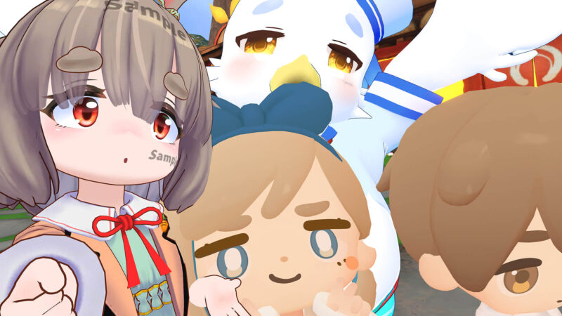 VRChatのちびキャラ風アバターたちがカメラの前で集合自撮りしているスクリーンショット