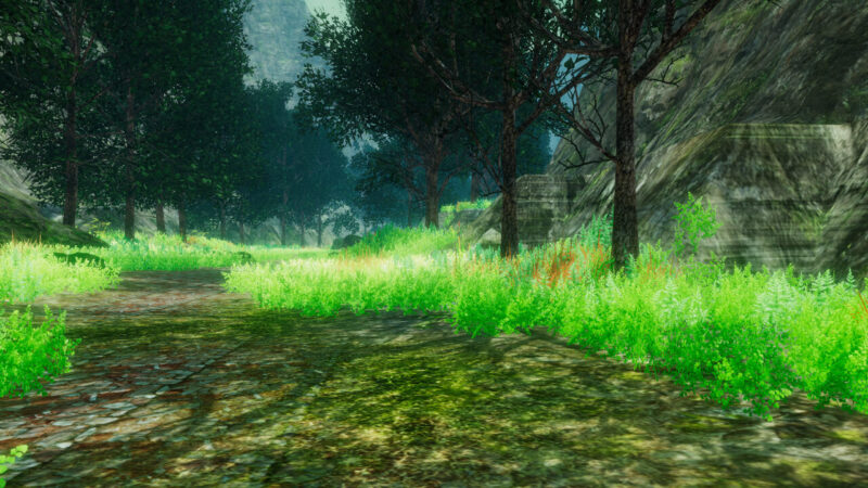VRChatの森の小道が広がるワールドの風景