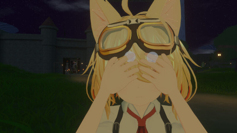 VRChatの夜のワールドで目を覆う初期アバター(酔いそうな場面)