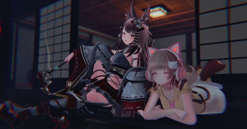 VRChatの和風ワールドでくつろぐアバターたち
